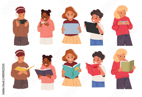 Charming kids cartoon characters reading books using modern smart gadgets and paper literature