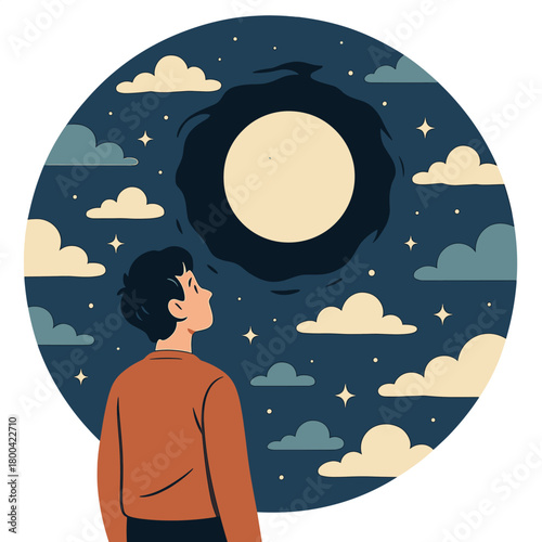 Dreams and fantasies, a man gazing at the moon during the night, which appears as a hole in the dark blue sky, constitute an absurd idea