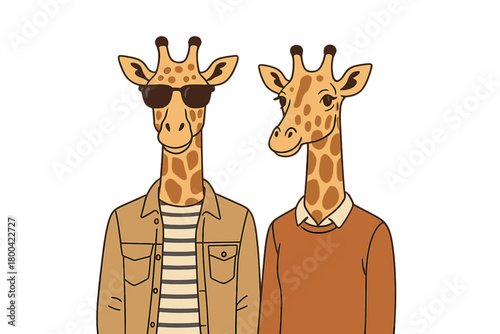 Two giraffes in human attire, one sporting sunglasses, pose against a blue backdrop