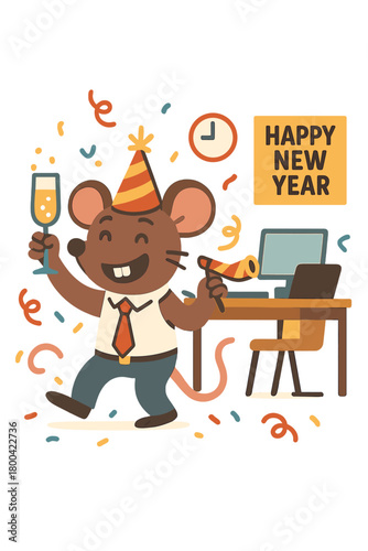 A humorous fantasy creature character celebrates the New Year in an office room, as depicted in a  image