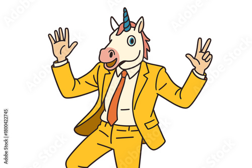 A man wearing a unicorn mask performs playful gestures, exuding joy and amusement, while a humorous figure in yellow suits dances with the mask against a solitary pink backdrop