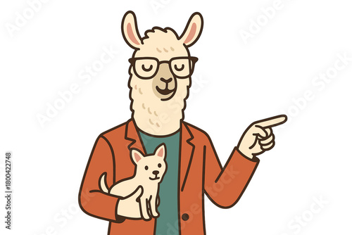 A creative lama figure holds a small white dog and points at a beige studio wall