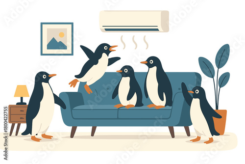 Playful Antarctic penguins lounging on a blue sofa in a modern living room, featured in surreal advertising and climate change concept videos with an air conditioner