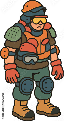 A lone individual, heavily equipped with an excessive amount of protective gear—helmets, goggles, and pads—stands awkwardly in a typical city setting