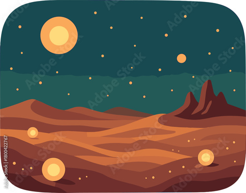 A strange desert landscape illuminated by glowing orbs and scattered lights