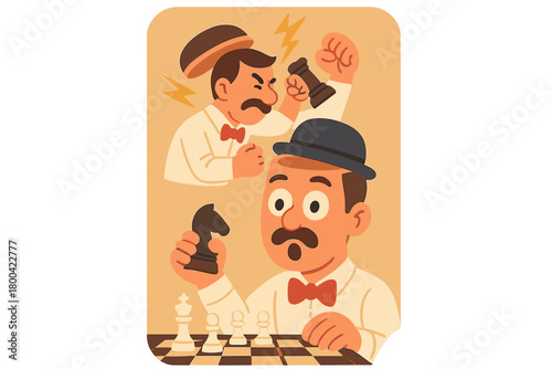 A vertical collage featuring a funny, surprised, funky gentleman with an absurd head, brainstorming, fighting, battling, playing chess, all isolated on a beige background