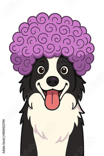 A border collie dog wearing a bright, curly lilac wig stands alone against a yellow backdrop, while a playful puppy in a pink wig enjoys a carnival or Halloween party, its emotional muzzle