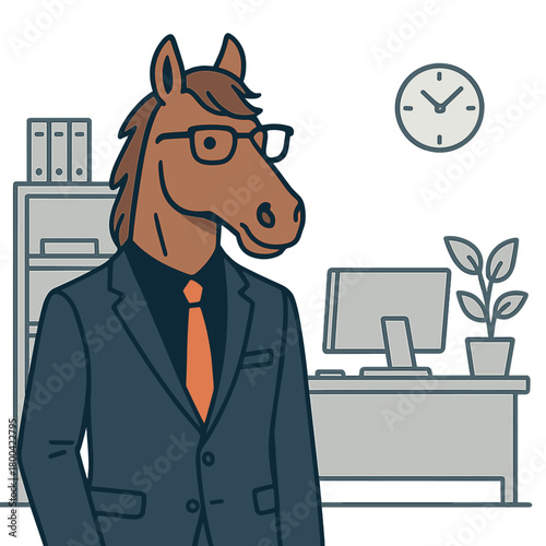 In an office environment, a horse wearing a suit and glasses poses, producing a humorous and surreal business-themed image