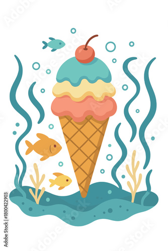 An imaginative and dreamlike depiction of an ice cream cone submerged in water