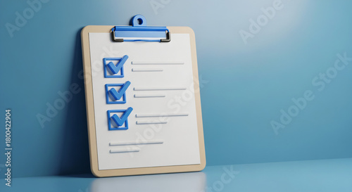 A three-dimensional rendering of a clipboard resting against a solid blue wall. The paper has checkmarks and cartoonish writings.