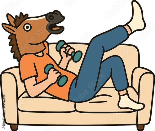 A humorous take on health and fitness featuring a man in a horse mask doing weight exercises for hand training on a white sofa at home, showcasing comical home workouts