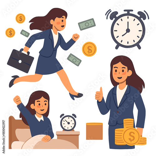 A collage photo of a young, successful businesswoman, an employer, rushing to advance her career, aspiring to wealth, who wakes early in the morning, set against a yellow background