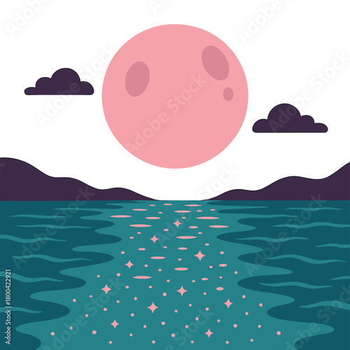 A pink moon shines over a glittering sea on an alien world