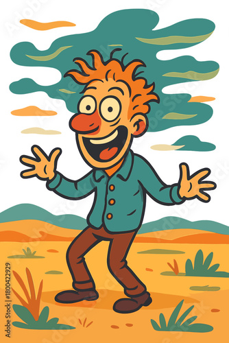 An eccentric, humorous man outdoors in the steppe, enhanced with artistic colors