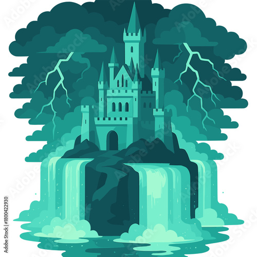 A spectral citadel surrounded by luminous waterfalls and tempestuous clouds