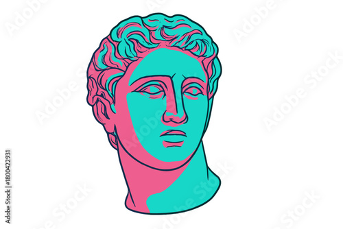 A 4K modern concept video featuring an ancient statue head, a GIF animation of an antique human face in a game style, contemporary stop‑motion art, a funky and unusual design, and a pop‑art template