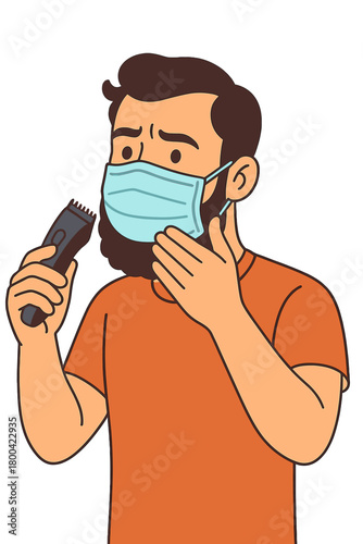 A bearded man wearing a medical mask attempts to shave with a trimmer, pushing hygiene and the virus to absurd extremes