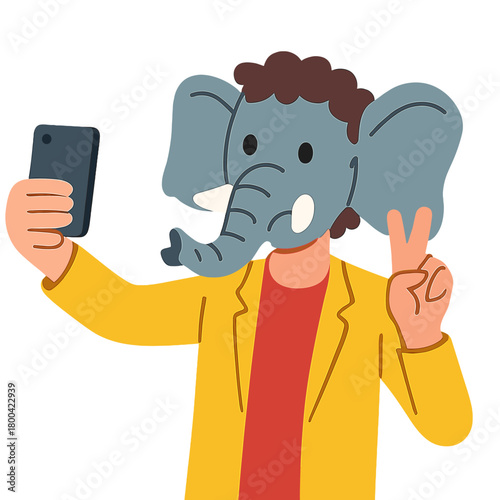 Picture of a quirky, eccentric man wearing an elephant-themed outfit, taking a selfie with a modern gadget, giving a V-sign against an empty, isolated blue background