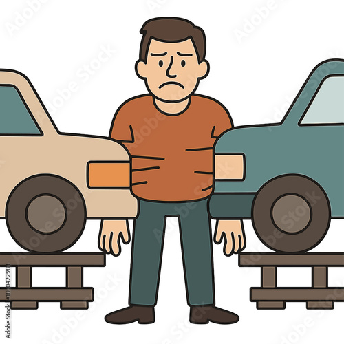 A man is clamped in a vice between two cars, captured in a color photo that shows him constrained by circumstances, while the guy on the tracks is trapped by machinery