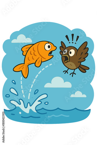 A whimsical and amusing moment of a goldfish jumping out of the water startled a tiny bird beneath a vivid blue sky