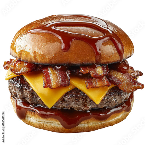 Delicious gourmet bacon cheddar burger with rich bbq sauce isolated