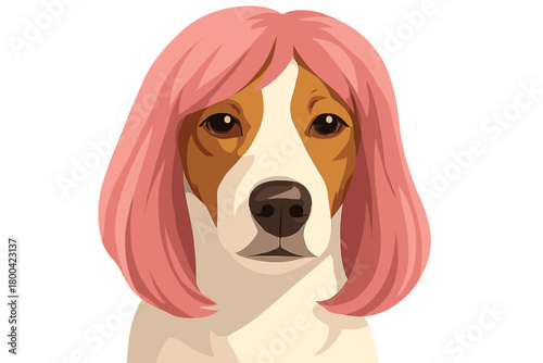 Close‑up portrait of a dog wearing a pink wig, looking calm and relaxed at the camera, with shallow depth of field; the adorable Jack Russell terrier is captured in vertical video footage under soft