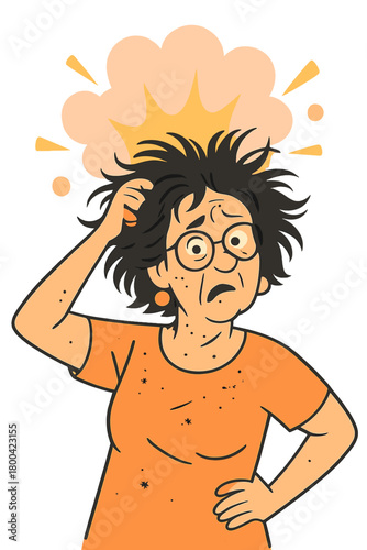 A funny middle-aged woman with messy hair scratches her head in confusion after a playful blast, set against a pastel studio backdrop, looking captivating, expressive, and quirky