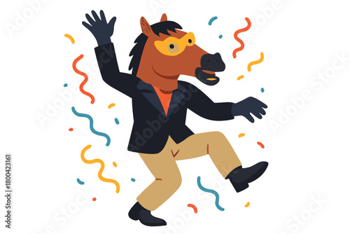 A freak in a horse mask dancing at an absurd carnival, having fun at a costume party with a weird mask on his head
