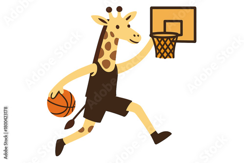 Orange background features a giraffe basketball player dribbling and dunking