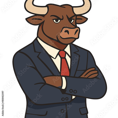 A human-enhanced, anthropomorphic bull in a business suit, exuding a boss vibe,