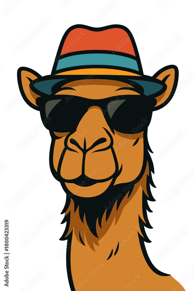 Obraz premium A stylish camel wearing a funky hat and sunglasses stands against a yellow backdrop