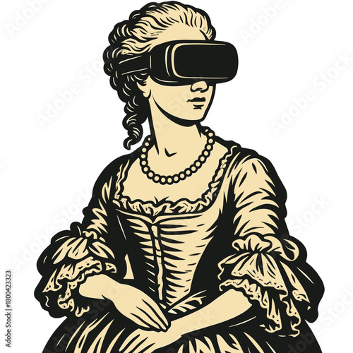 A historic portrait of a woman in a Baroque gown wearing a VR headset, set against a virtual reality and AI-inspired backdrop