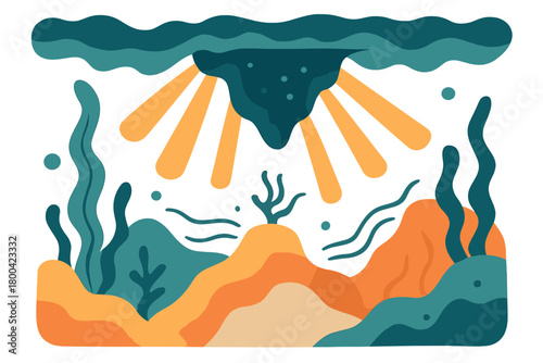 An absurd, abstract underwater scene with sun rays, beams, waves, upside‑down rocks, and strange oceanic backgrounds