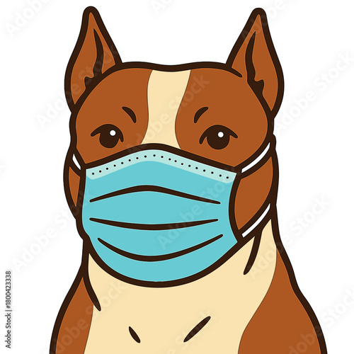 An American Staffordshire dog dons a protective mask on its face, looking like a medic, in a humorous and absurd photo