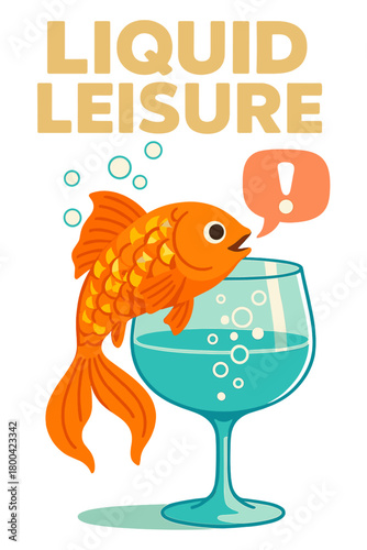 A contemporary art collage titled “Liquid Leisure” showcases playful goldfish with jewel‑shimmering scales, conversing and steering a crystal wine glass as if it were an underwater kingdom, embodying