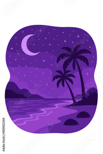 A dreamlike beach scene bathed in purple light beneath a star-filled sky