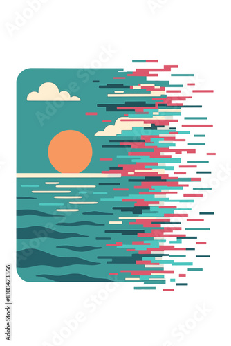 A glitch effect morphs a calm ocean scene into a surreal digital artwork