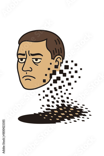 A floating head dissolves into digital fragments, evoking themes of identity and existence within a surreal void, while its mood remains absurdly ironic, reminiscent of existential literature