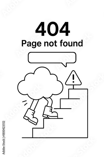 A surreal cloud in boots confronting a stair obstacle, rendered in black and white as a 404 flash message; a monochrome empty-state UI design; a cartoon image for a page-not-found popup; and a vector