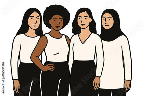 A group of women dressed in white and black attire