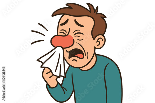 Comic allergy scene: a man with a handkerchief, a red nose, and a funny expression