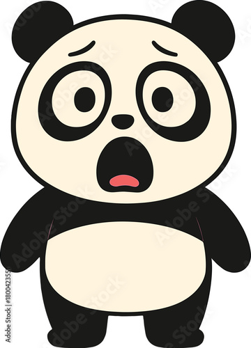 A startled panda with big eyes against a pink background