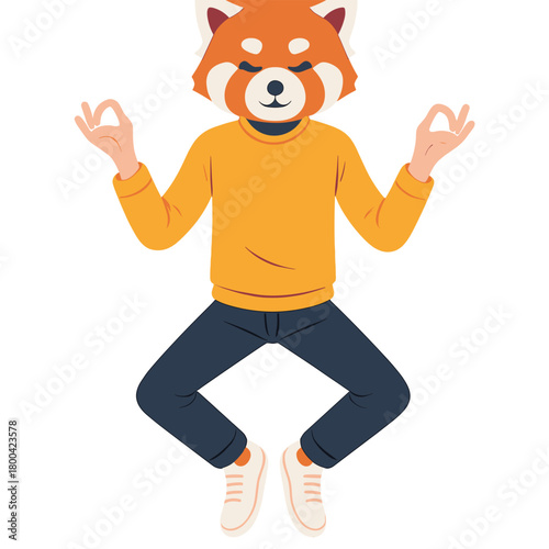 A full-length portrait of a strange, slow-moving red panda mask-wearing person jumping fingers while meditating, isolated on a violet background