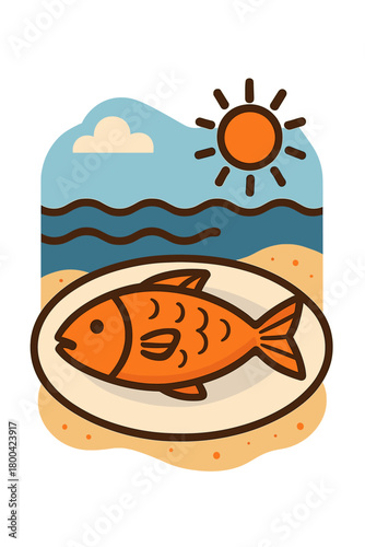 A plate of fish beside the sea presents a strikingly odd still life, juxtaposing seafood with beach scenery