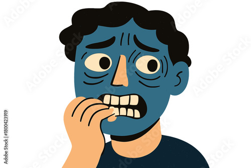 A whimsical collage depicting a painted human face biting nails in a nervous, stressed, anxious, isolated state against a red backdrop