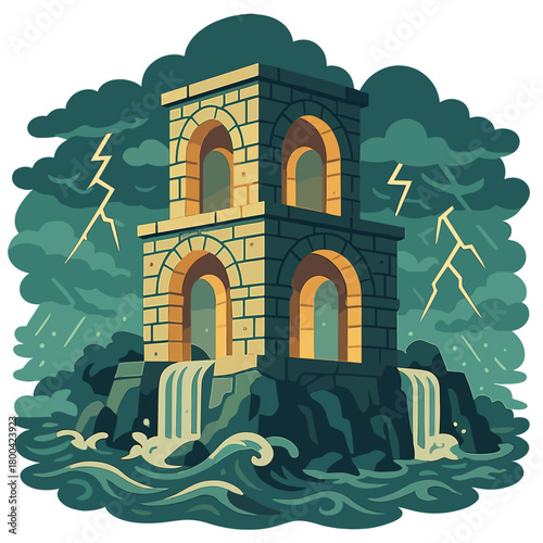 A glowing, ancient stone structure with archways, set amid a stormy sea and waterfalls
