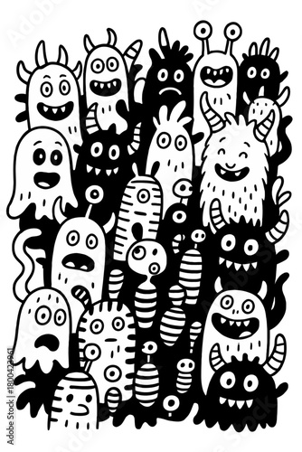 A tightly packed group of cartoonish, quirky, whimsical monsters in black and white