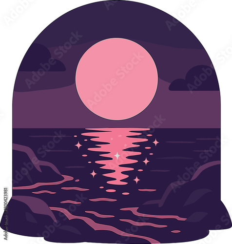 A radiant pink moon hangs over a glittering sea with jagged shorelines
