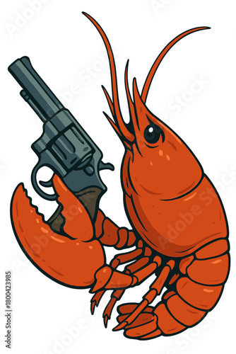 A surreal close-up shows a lobster clutching a revolver, blending marine life with absurd conflict in a dramatic yet humorous composition,
