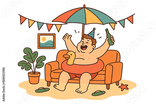 At a home summer party, a jovial, plump man enjoys himself on the sofa in the living room with an inflatable swim ring, while he relaxes under a beach umbrella on a makeshift backyard beach